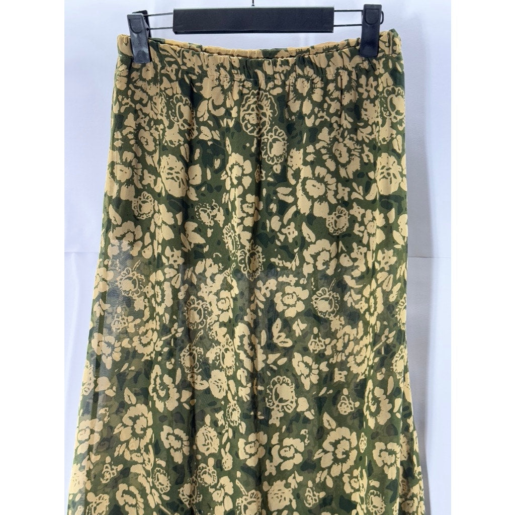 HONEY PUNCH Women's Green/Beige Floral Pull-On Midi Skirt SZ S