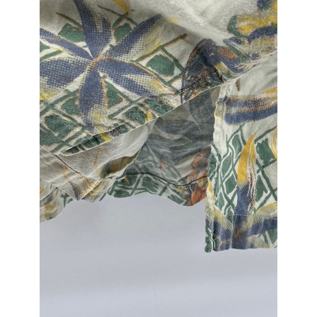 GREAT LAND Men's Vintage White-Green Regular-Fit Button-Up Hawaiian Shirt SZ L