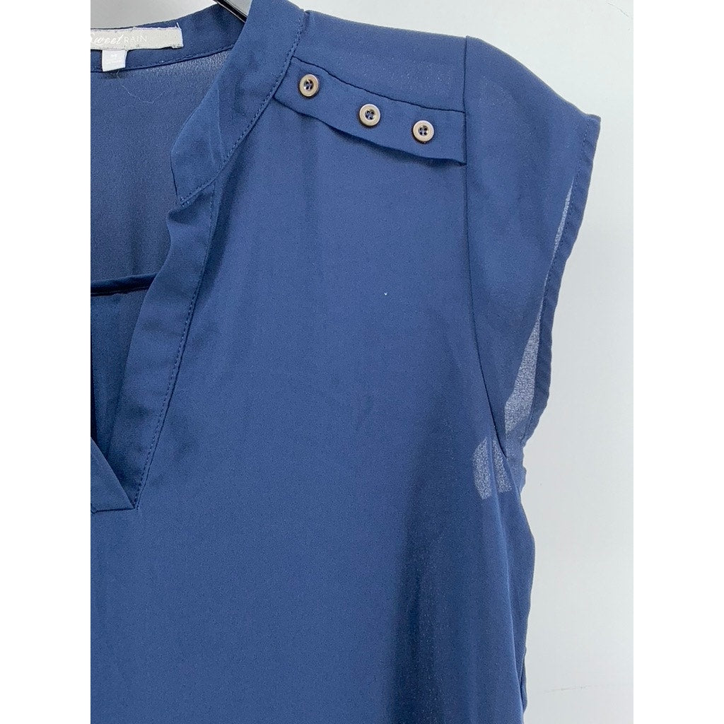 SWEET RAIN Women's Navy Cap Sleeve Split Neck Top SZ M