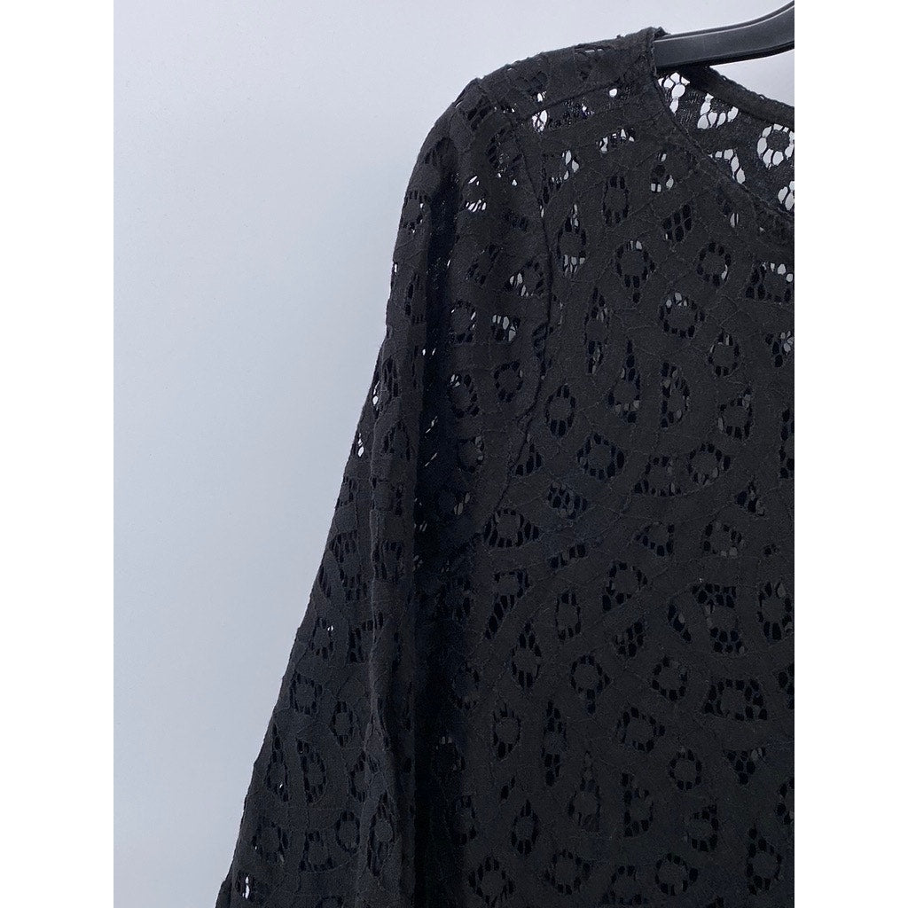 LOFT Women's Black Lace Relaxed Fit Boat-Neck Long Sleeve Top SZ M