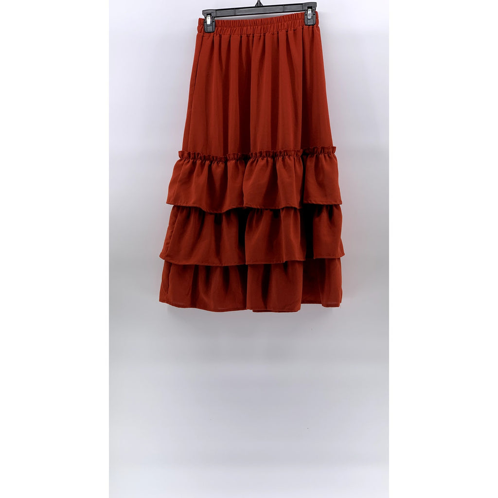 UNBRANDED Women's Orange Tiered Pull-On Pocketless A-Line Midi Skirt SZ S