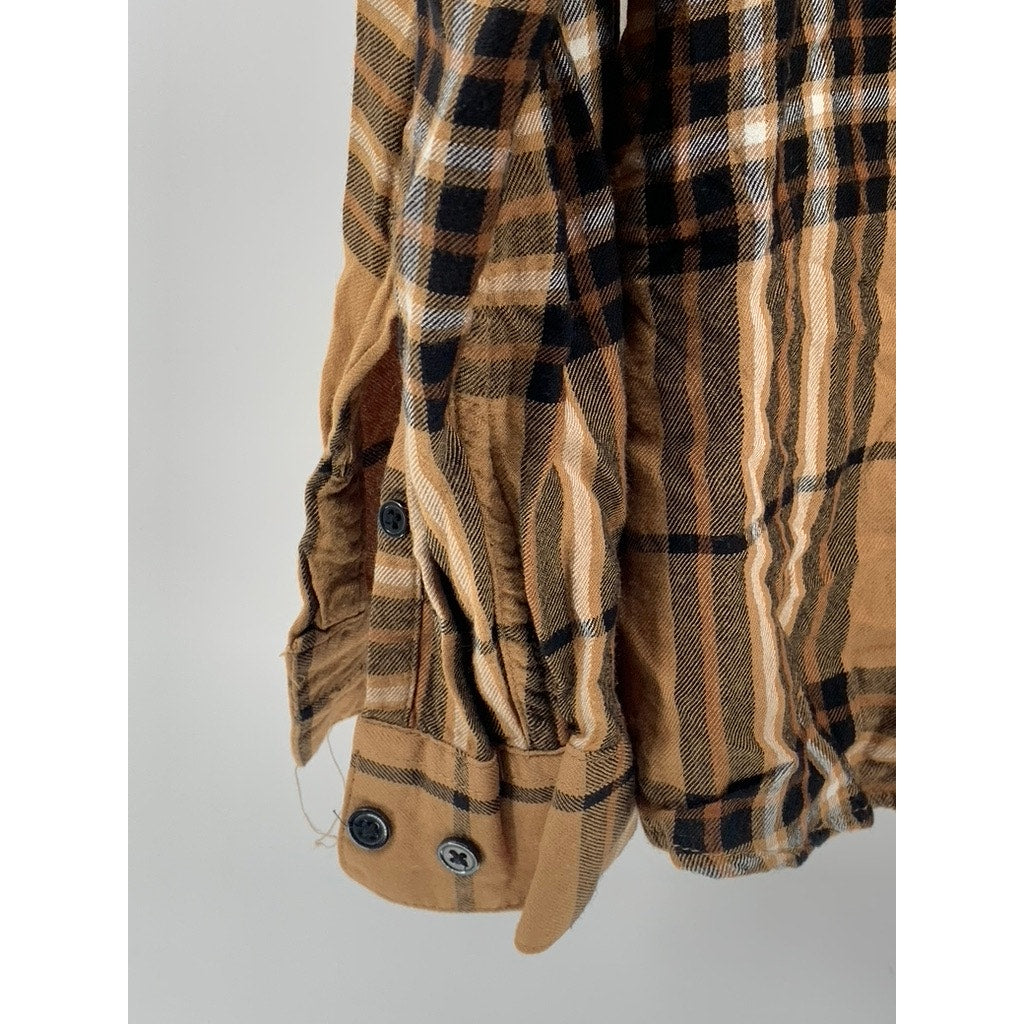 H&M Men’s Tan-Black Plaid Button-Up Regular Fit Shirt SZ M
