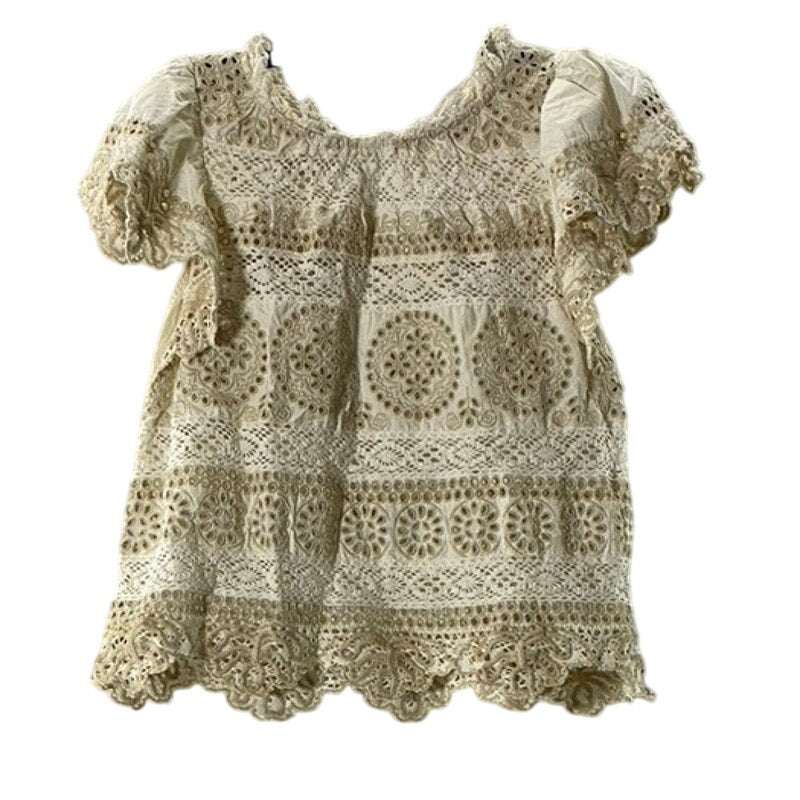 SEA NEW YORK Women's Beige/Cream Evie Eyelet Lace Flutter Short Sleeve Top SZ S