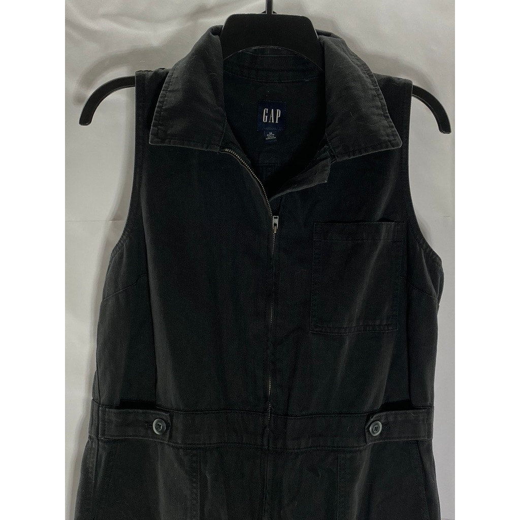 GAP Women's Petite Black Solid Demin Sleeveless Front Zip Jumpsuit SZ 10P