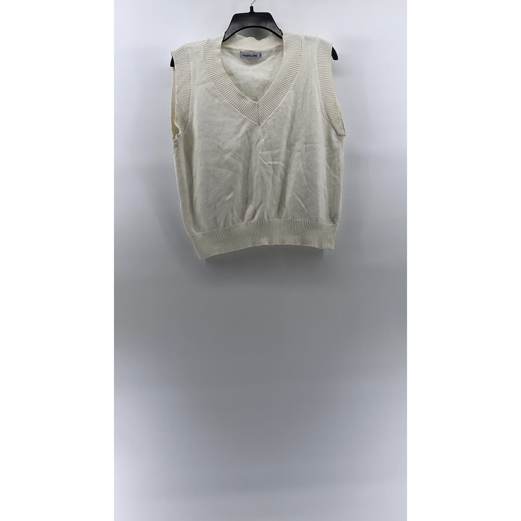 PAMPELONE Women's White Solid Knit V-Neck Sleeveless Sweater Vest SZ M/L
