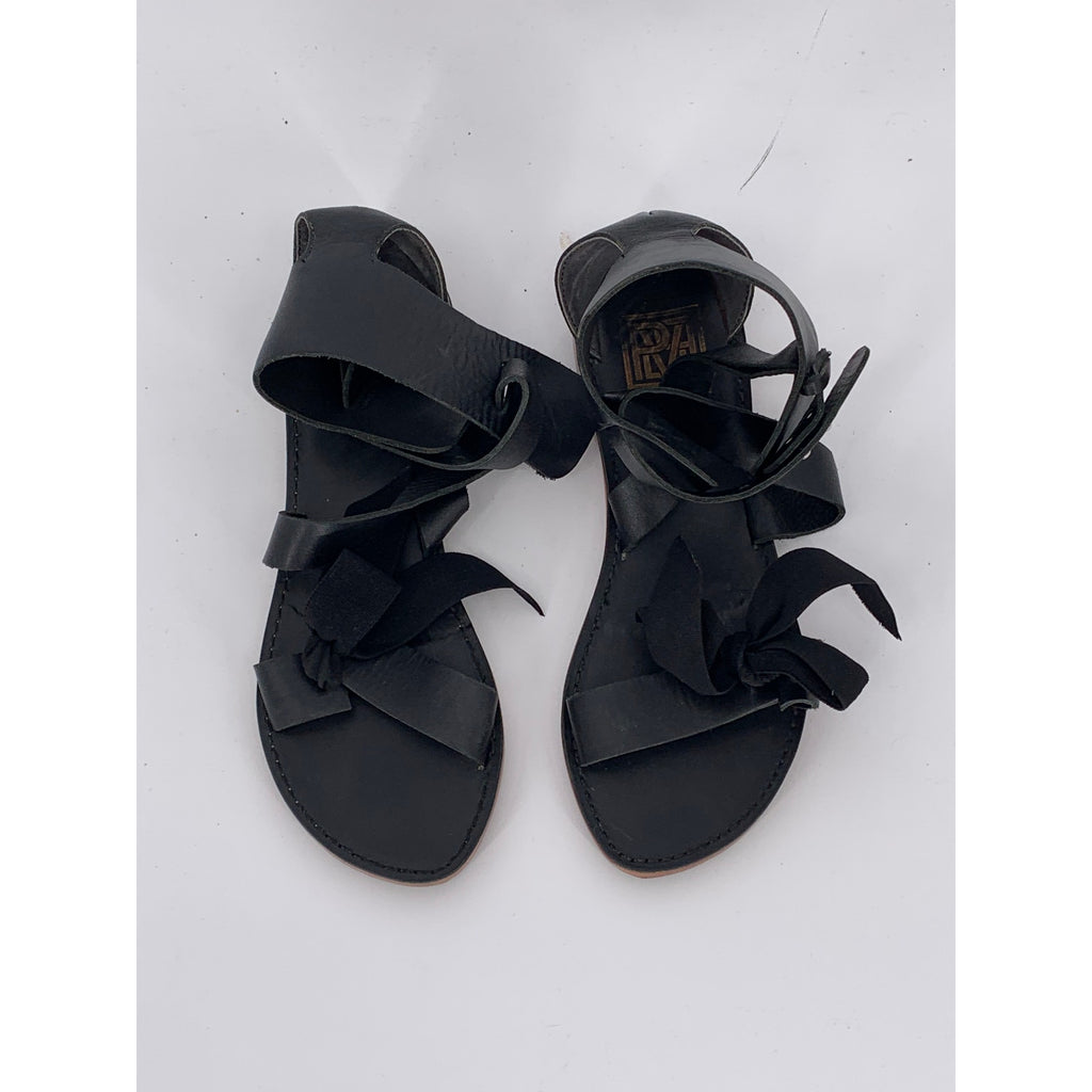POUR & VICTOIRE Women's Black Leather Round Open-Toe Strappy Sandals SZ 7