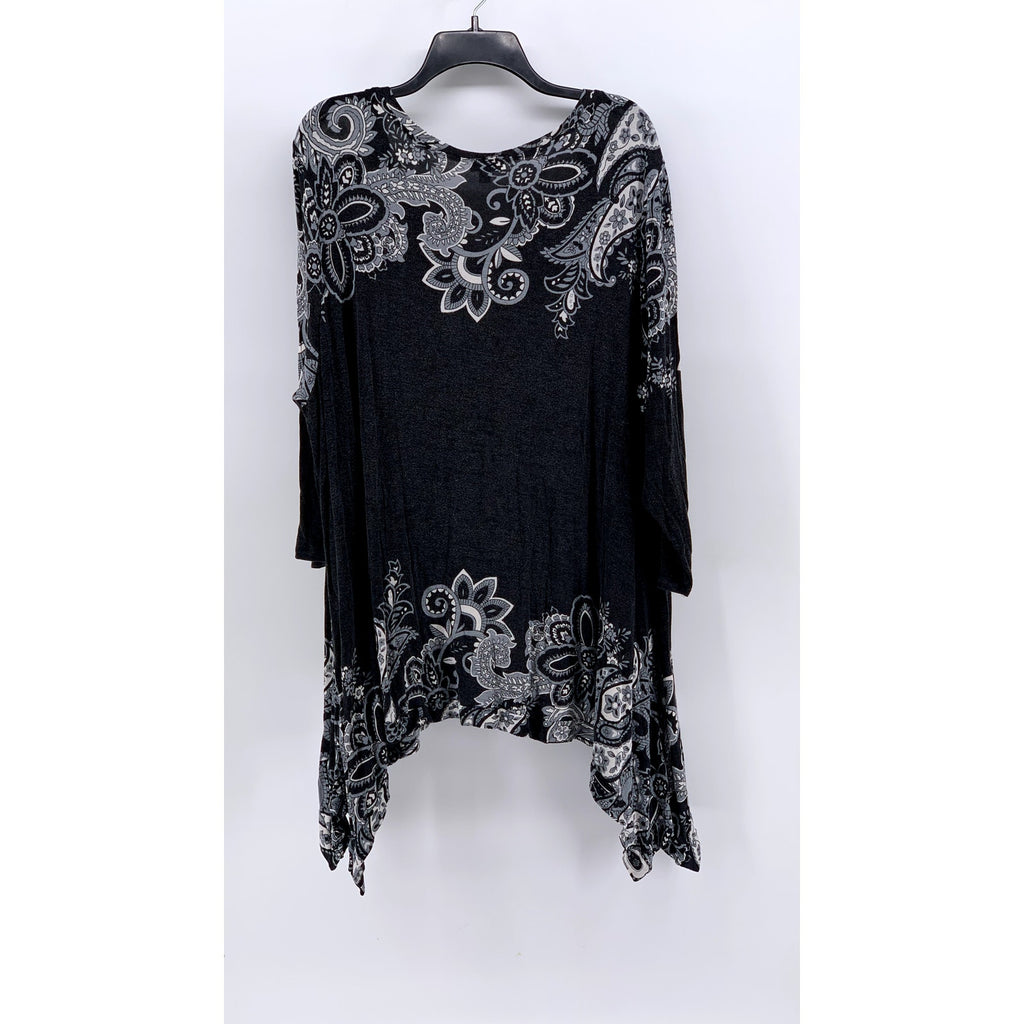 AVENUE Women's Plus Washed Black Paisley Printed 3/4 Sleeve Top SZ 26/28