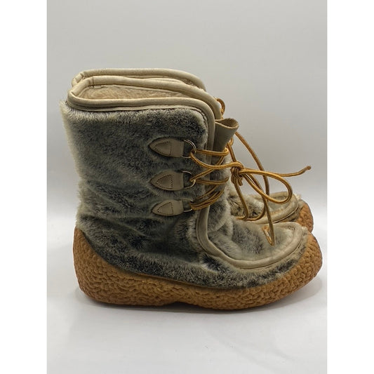 DRIFTERS Women's Vintage Grey-Tan Faux-Fur Lace-Up Calf Winterwear Boots SZ 7