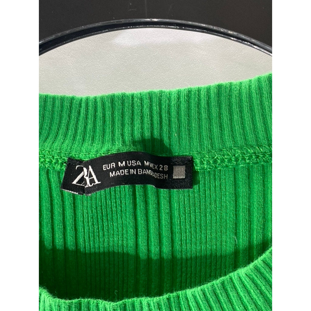 ZARA Women's Green Rib Knit Crewneck Cap Short Sleeve Mini A-Line Dress SZ M