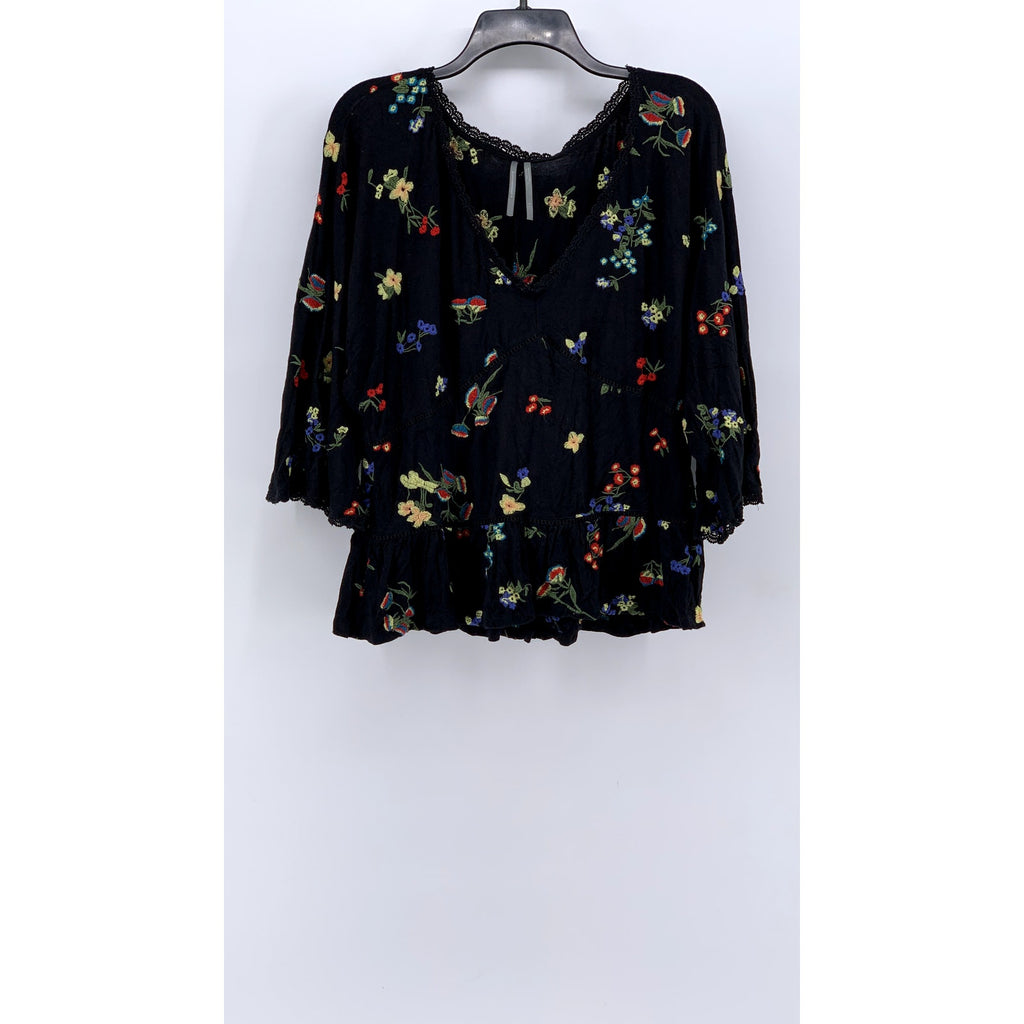 BY ANTHROPOLOGIE Women's Black Floral Lace Trim 3/4 Sleeve Top SZ L