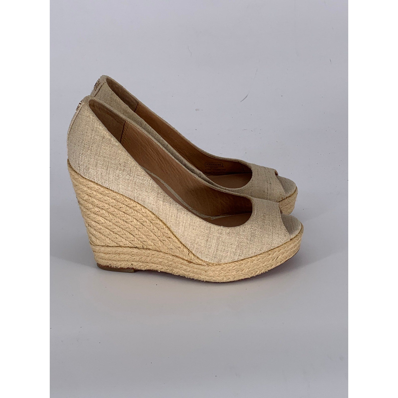COACH Women's Beige Milan Peep-Toe Canvas Espadrille Wedge Platform Heels SZ 6B