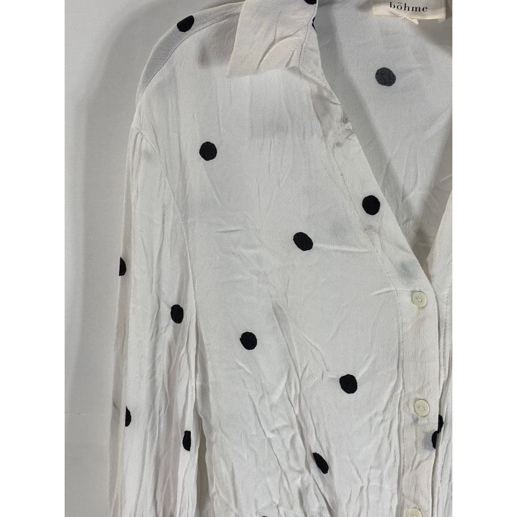 BOHME Women's White-Black Polka Dot Button-Up Tie-Front Long Sleeve Top SZ XS