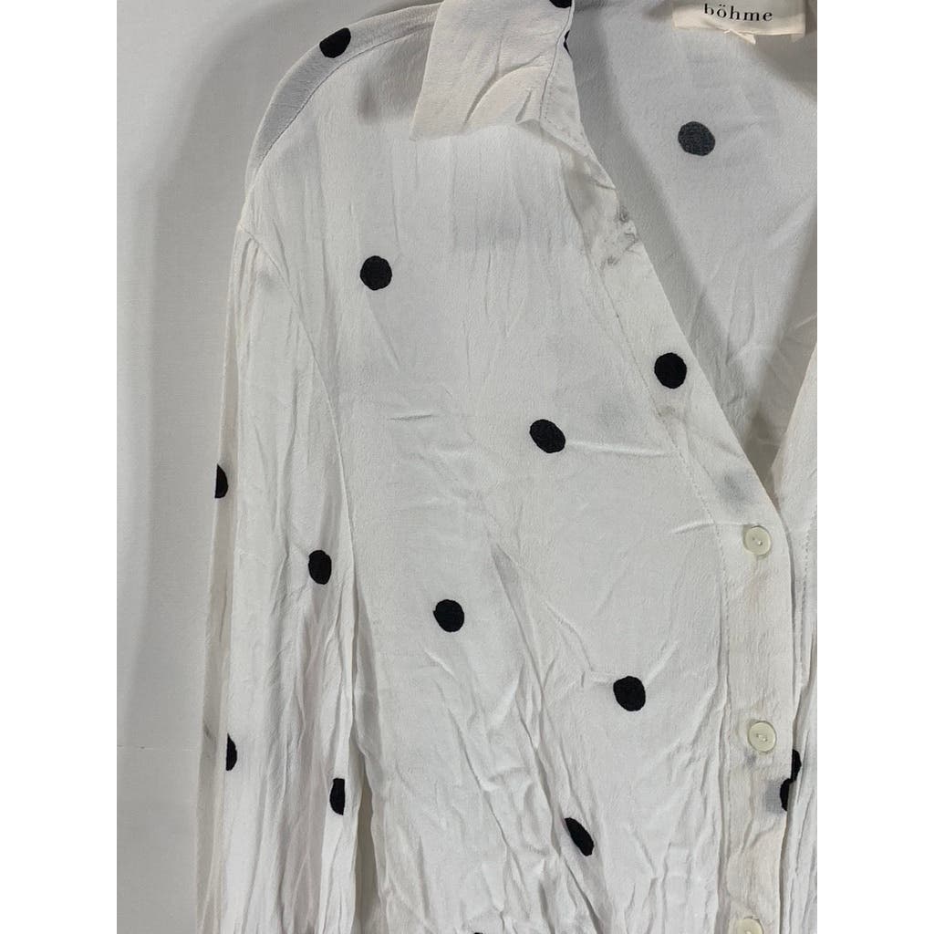 BOHME Women's White-Black Polka Dot Button-Up Tie-Front Long Sleeve Top SZ XS