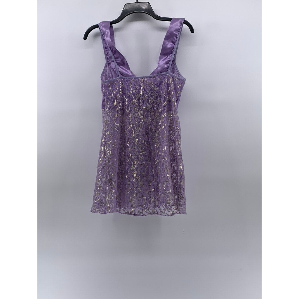 UNBRANDED Women's Purple-Gold Metallic Floral Lace V-Neck Night Gown SZ S