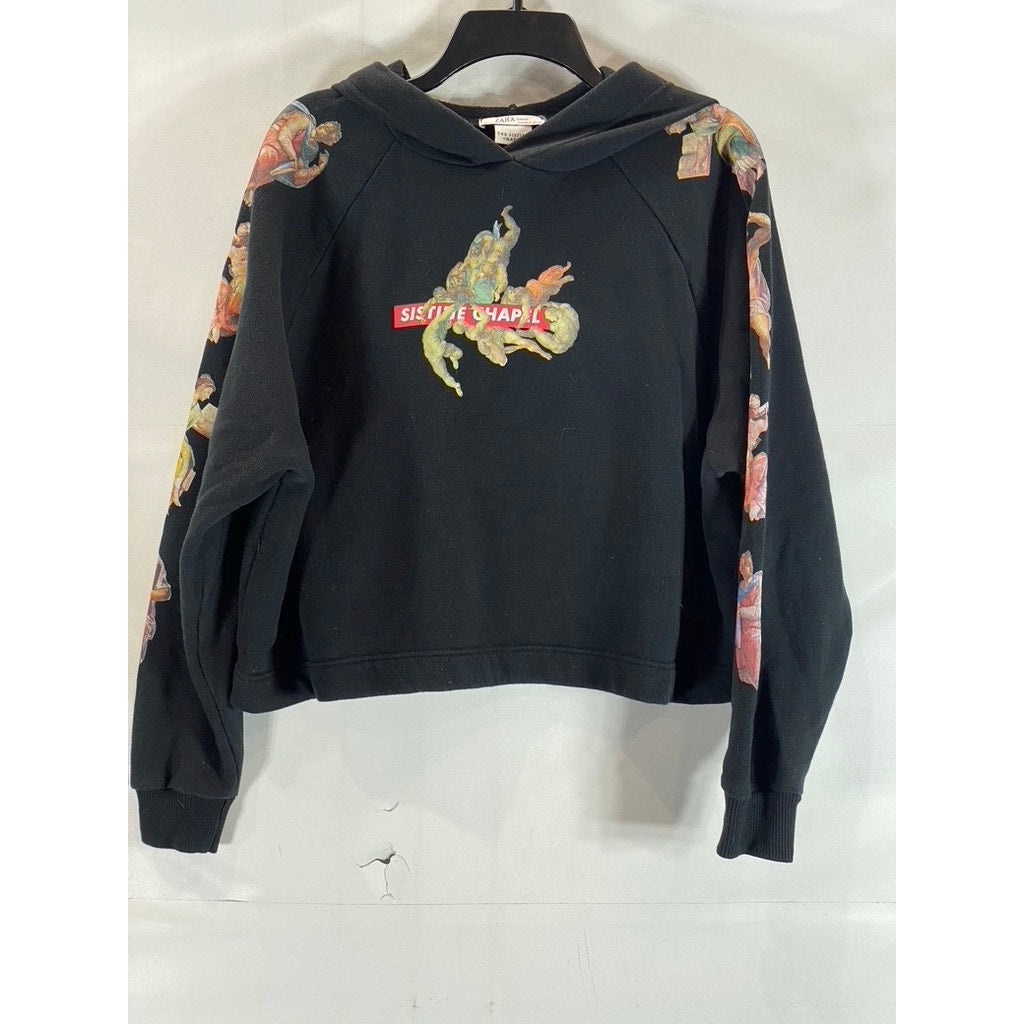 ZARA Women's Black Sistine Chapel Graphic Pullover Cropped Hoodie SZ M
