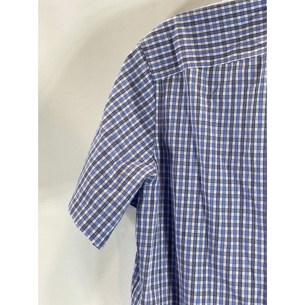 UNTUCKIT Men's Blue Micro Check Wrinkle-Free Short Sleeve Button-Up Shirt SZ L