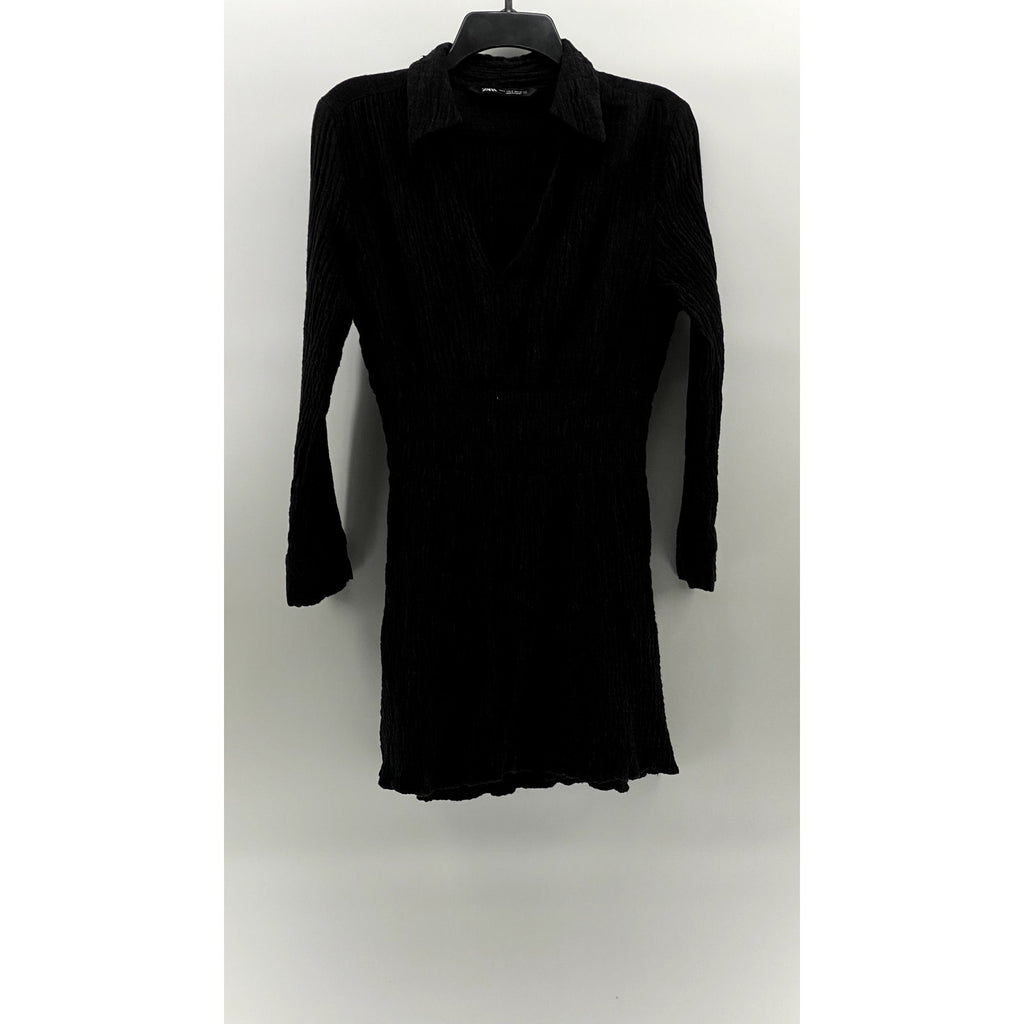 ZARA Women's Black Textured Smocked-Waist Long Sleeve V-Neck A-Line Dress SZ M