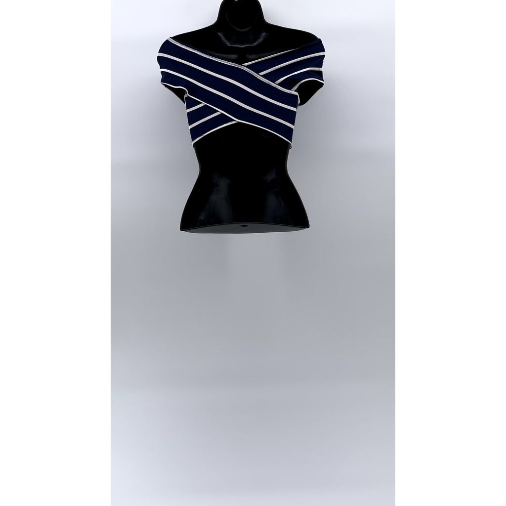 UNBRANDED Women's Navy Blue-White Striped Stretch Off-The-Shoulder Crop Top SZ S