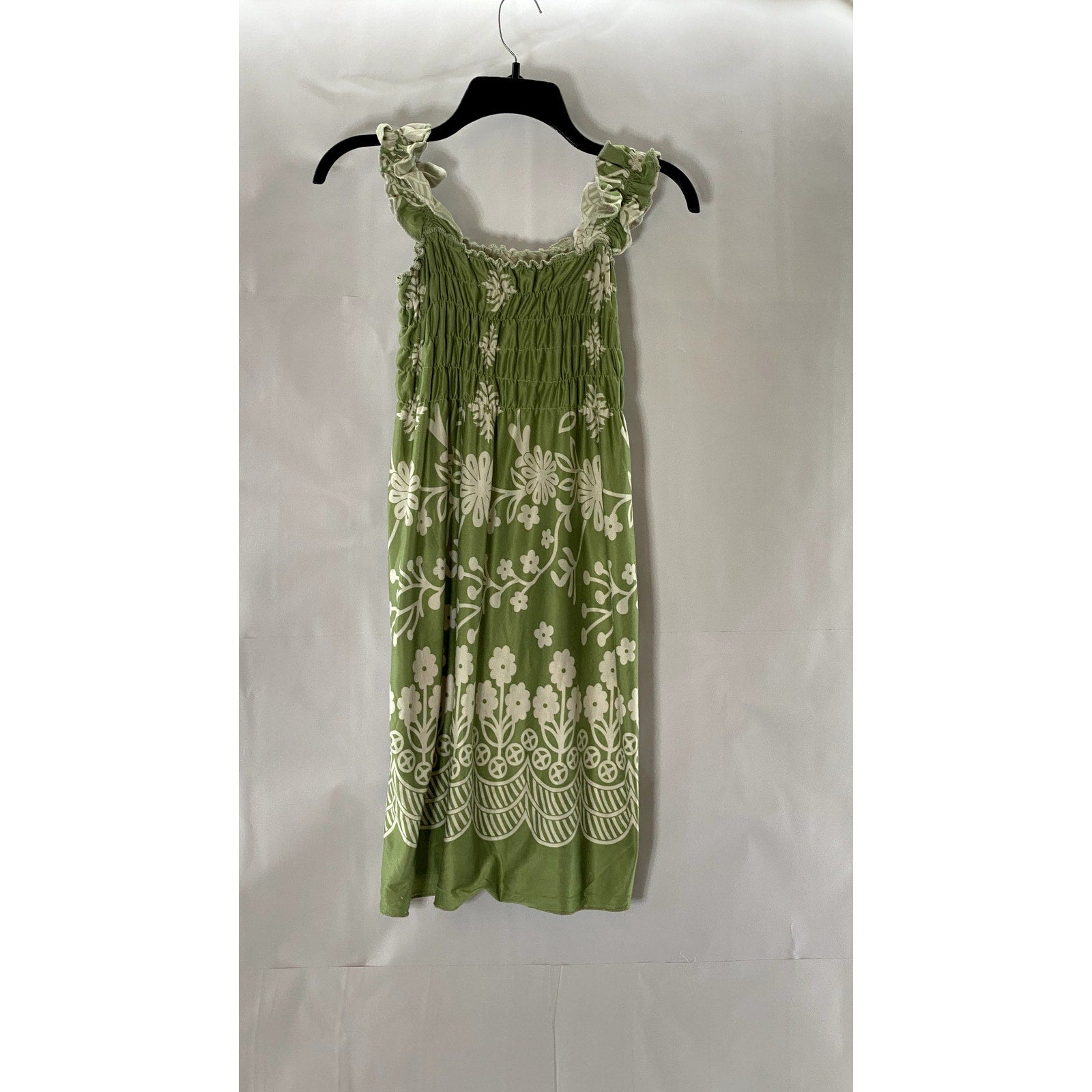UNBRANDED Women's Green/White Floral Smocked Ruffle Sleeve Mini Dress SZ S