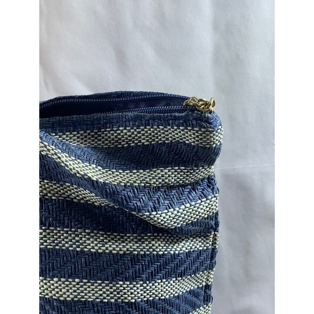 H&M Women's Blue-White Straw Woven Striped Shoulder Bag