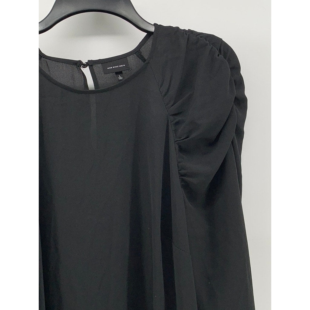 WHO WHAT WEAR Women's Black Long Puff Sleeve Top SZ L