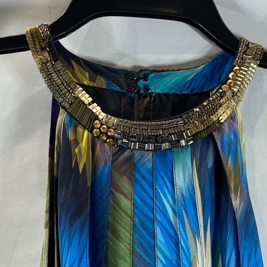 RANNA GILL Women's Blue Multi Tropical Tie-Waist Embellished Halter Dress SZ S
