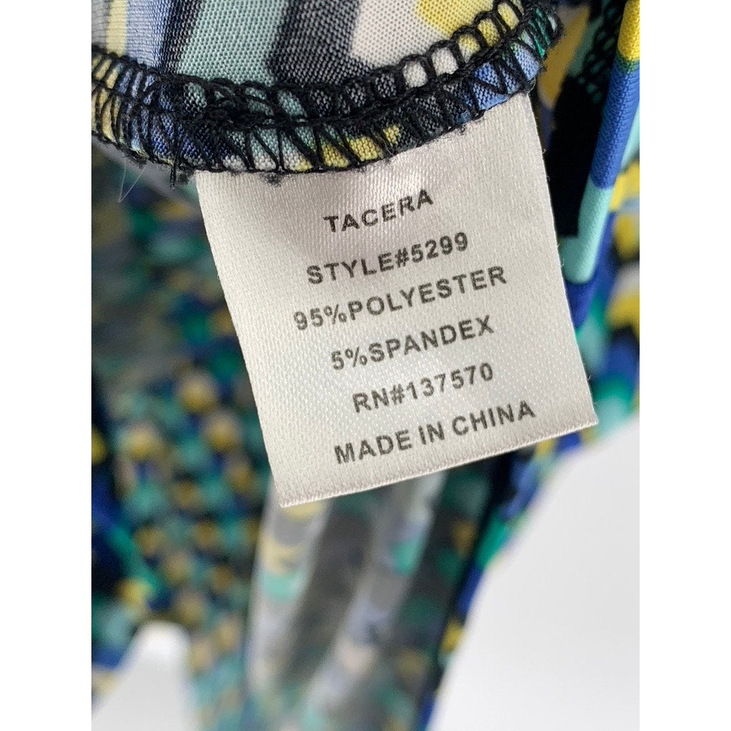 TACERA Women's Blue-Green-Yellow Printed Button-Front Long Sleeve Dress SZ M