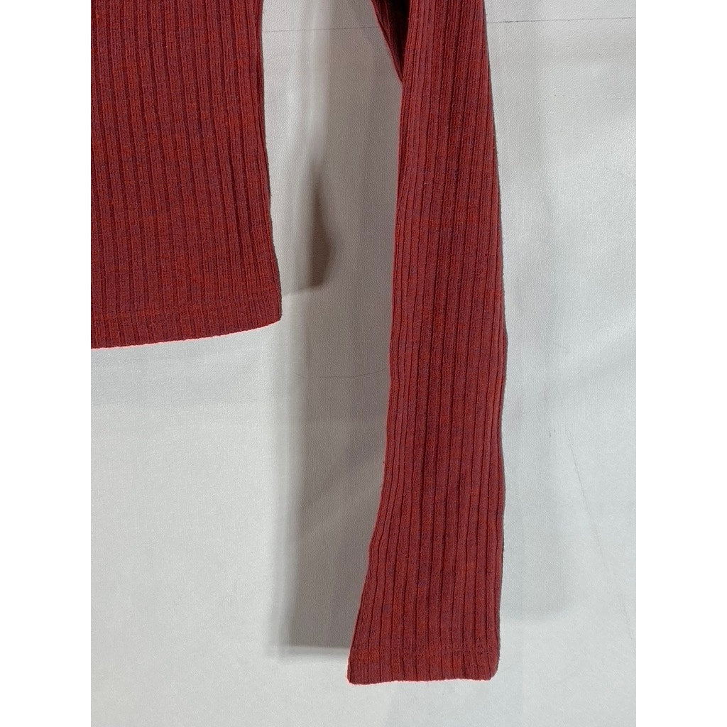 URBAN OUTFITTERS Women's Red Ribbed Square-Neck Long Sleeve Crop Top SZ S