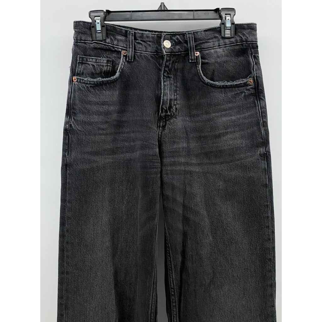 ZARA Women's Black Denim Distressed High-Rise Wide-Leg Regular-Fit Jeans SZ 4