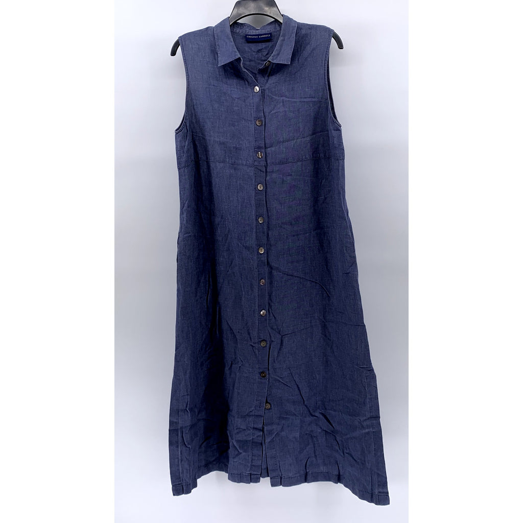 CHELSEA CAMBELL Women's Blue Linen Sleeveless Midi A-Line Shirt Dress SZ S