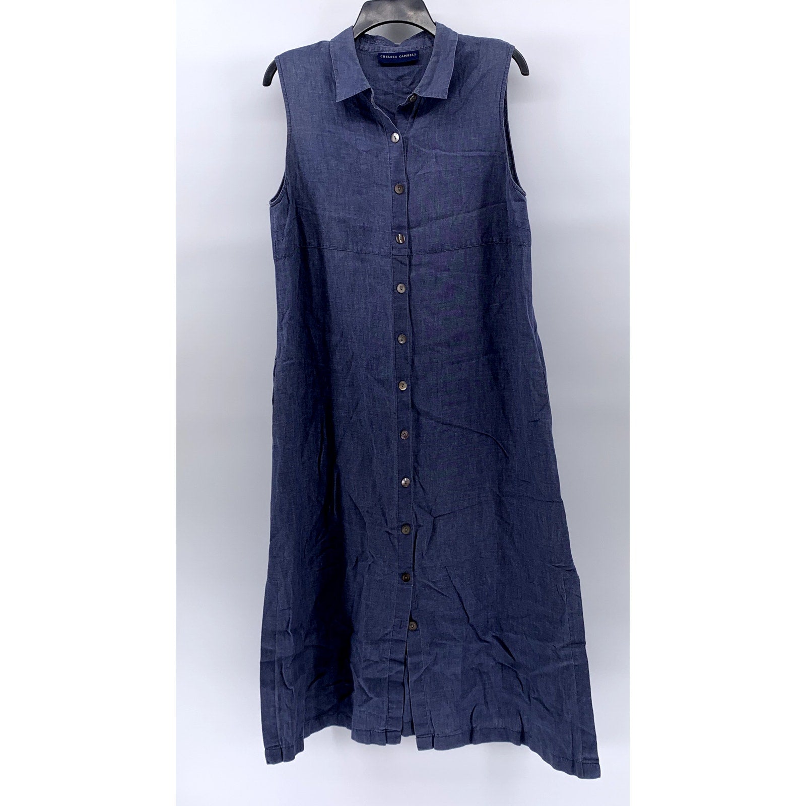 CHELSEA CAMBELL Women's Blue Linen Sleeveless Midi A-Line Shirt Dress SZ S