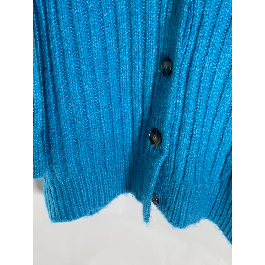MANGO Women's Blue Ribbed V-Neck Button-Up Oversized Long Sleeve Cardigan SZ M