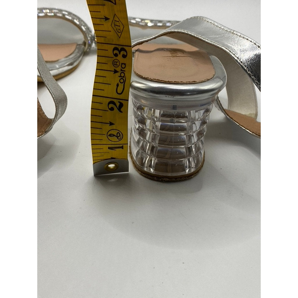 PATTERNZ Women's Silver Rhinestone Open-Toe Ankle-Strap Block Heel Sandals SZ 7