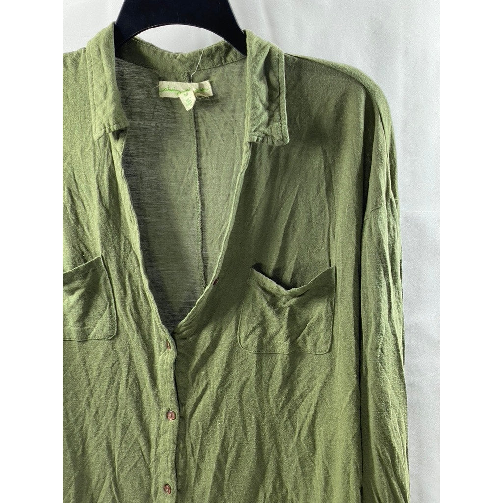 STARING AT STARS Women's Olive Green Button-Up V-Neck Long Sleeve Top SZ M