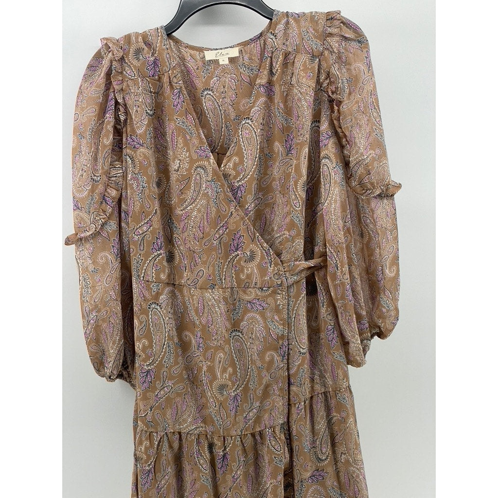 ELAN Women’s Tan Paisley Printed Long Sleeve Ruffle Trim Wrap Midi Dress SZ S