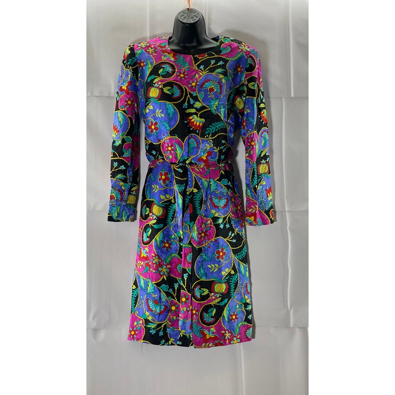 DAVID WARREN Multicolor Printed Crewneck Long-Sleeve Vintage 80's Dress SZ 12