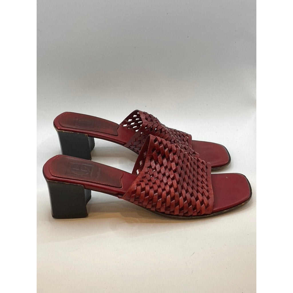 COLE HAAN Women's Red Leather Woven Square Open-Toe Block Heel Sandals SZ 8.5
