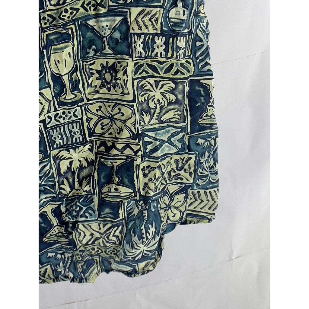 ROUNDTREE & YORKE Men's Vintage Blue Silk Hawaiian Print Button-Up Shirt SZ L