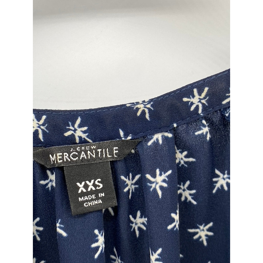 J.CREW MERCANTILE Women's Blue-White Printed Split-Neck Midi A-Line Dress SZ XXS