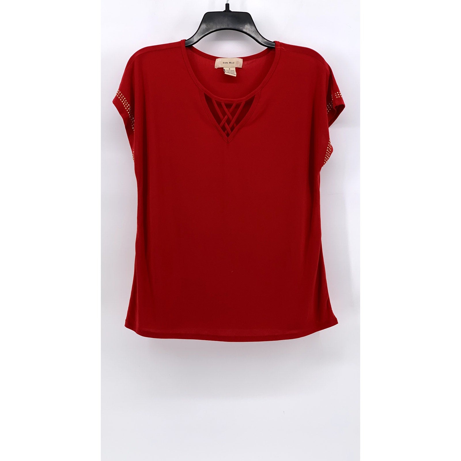 DIANA BELLE Women's Red-Gold Studded Short Sleeve V-Neck Cutout Top SZ S