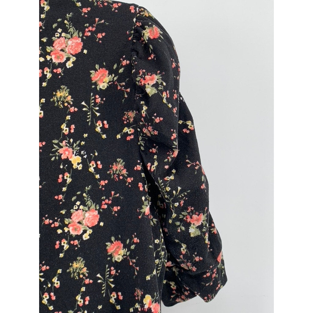 KISS Women's Black Floral Print Puff Short Sleeve Top SZ L