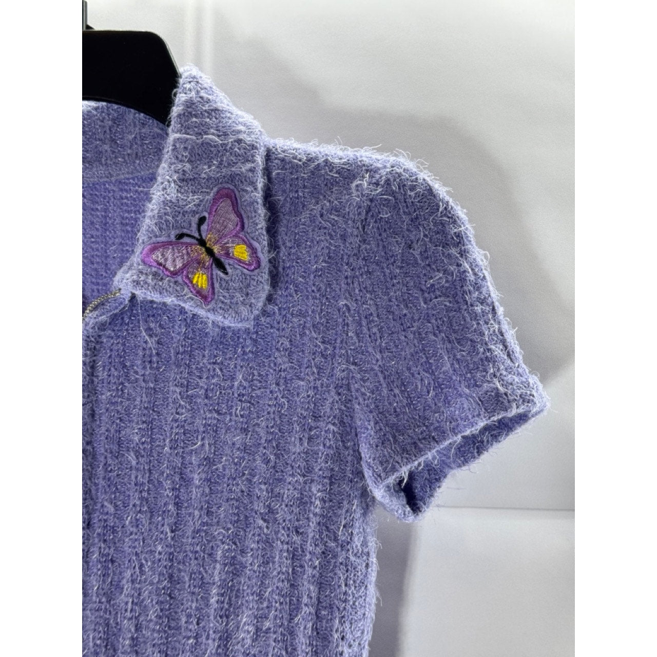 SHEIN Women's Purple Butterfly Collar Fuzzy Short Sleeve Zip-Up Crop Top SZ S