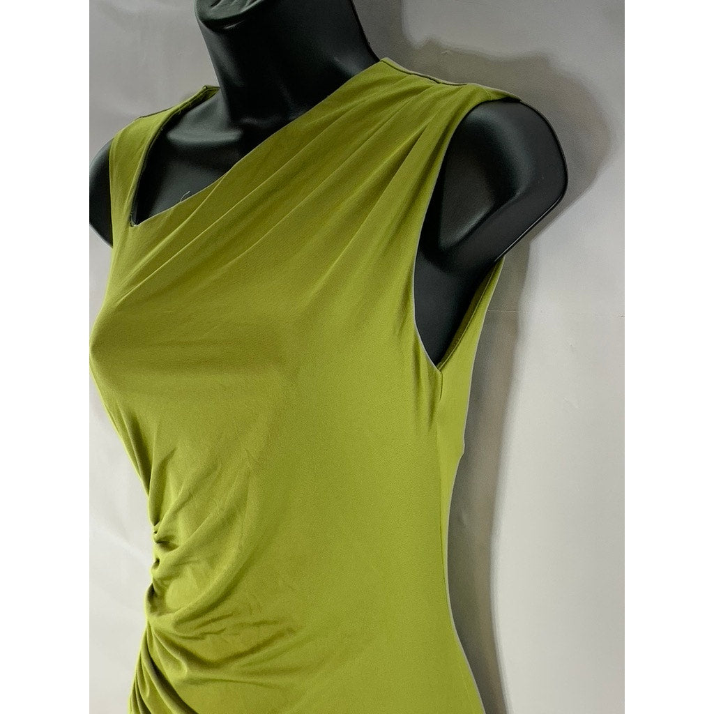 CIDER Women's Olive Green Asymmetrical Ruched Side Slit Maxi Dress SZ XS