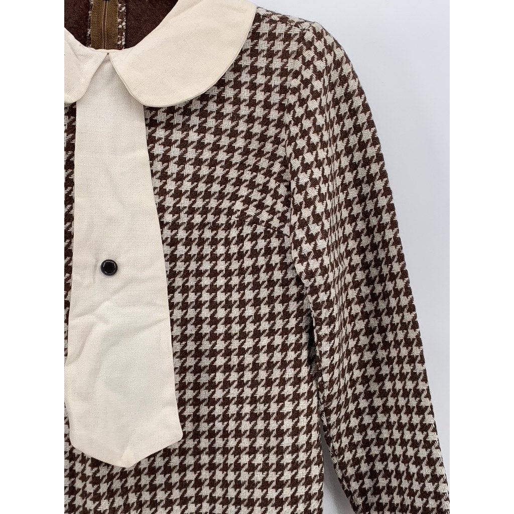 UNBRANDED Women's Brown-Cream Houndstooth Prairie Long Sleeve Sheath Dress SZ S