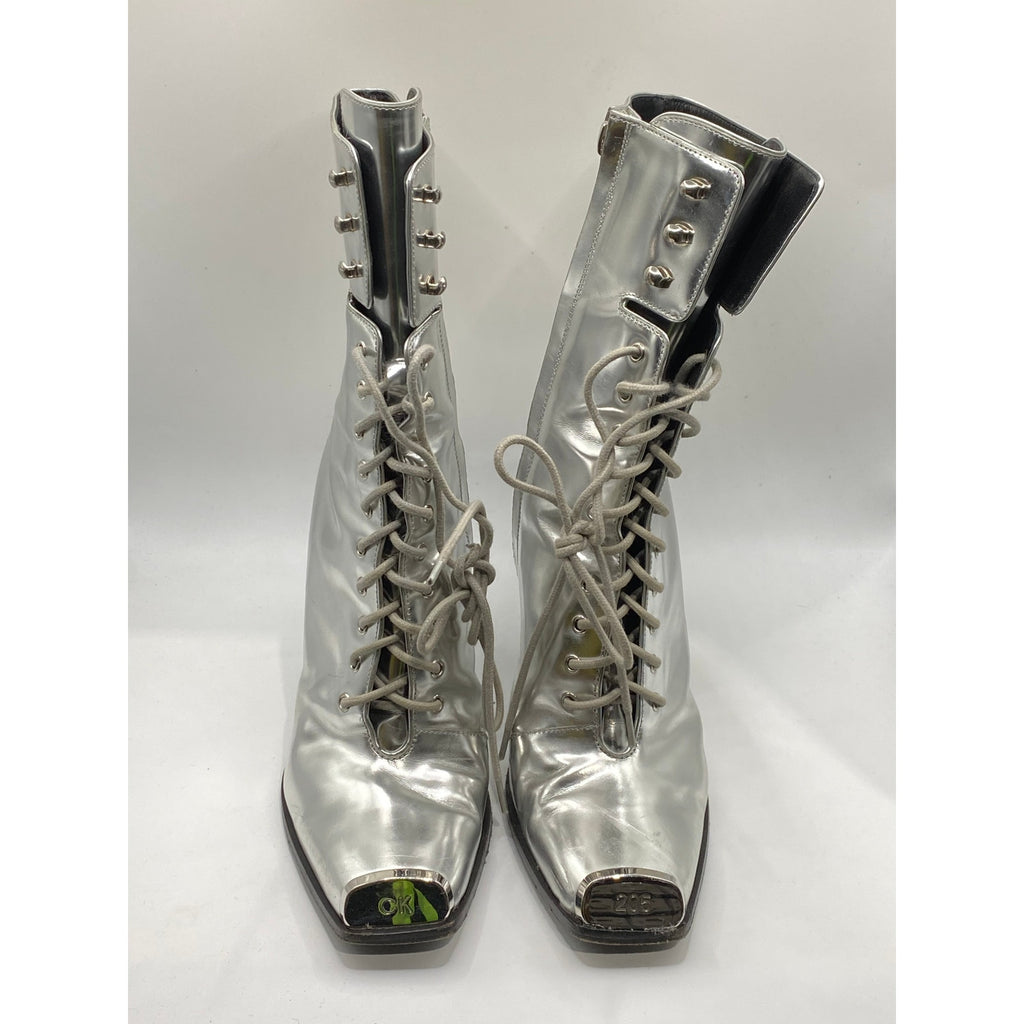 CALVIN KLEIN Women's Silver Metallic Windora Mid Lace-Up Grunge Boots SZ 5