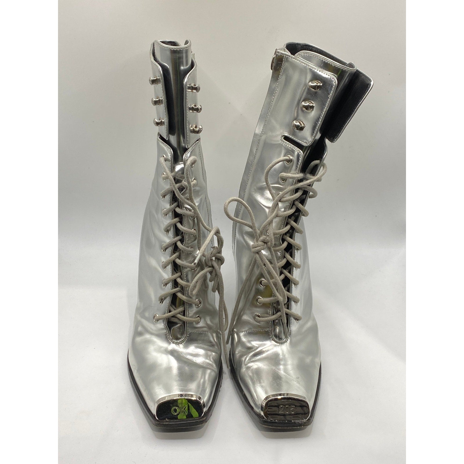 CALVIN KLEIN Women's Silver Metallic Windora Mid Lace-Up Grunge Boots SZ 5