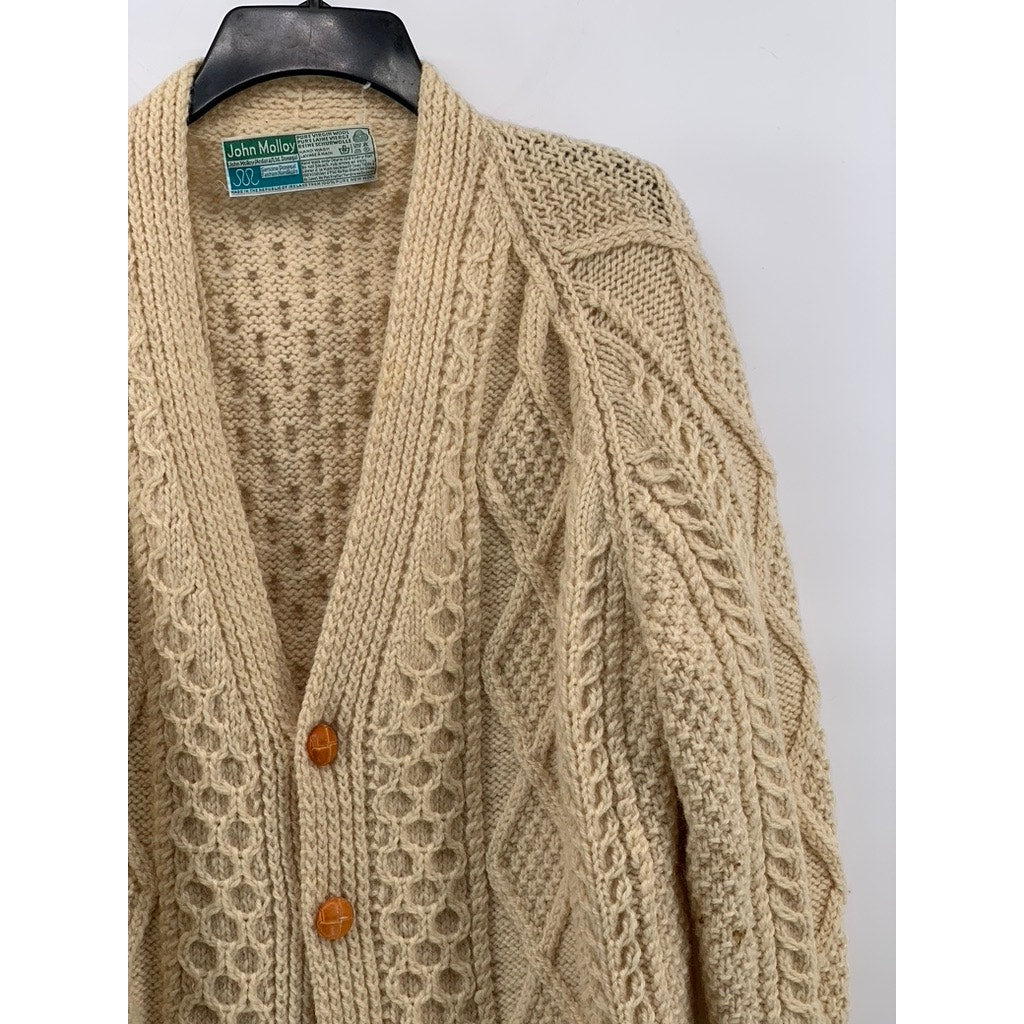 JOHN MOLLOY Men's Beige Vintage Wool Cable Knit Cardigan SZ L