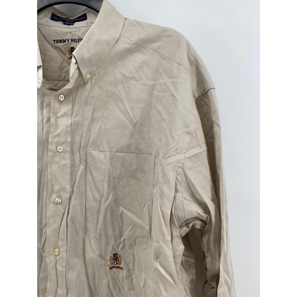 TOMMY HILFIGER Men's Beige Vintage Solid Button-Up Long Sleeve Shirt SZ 17 1/2