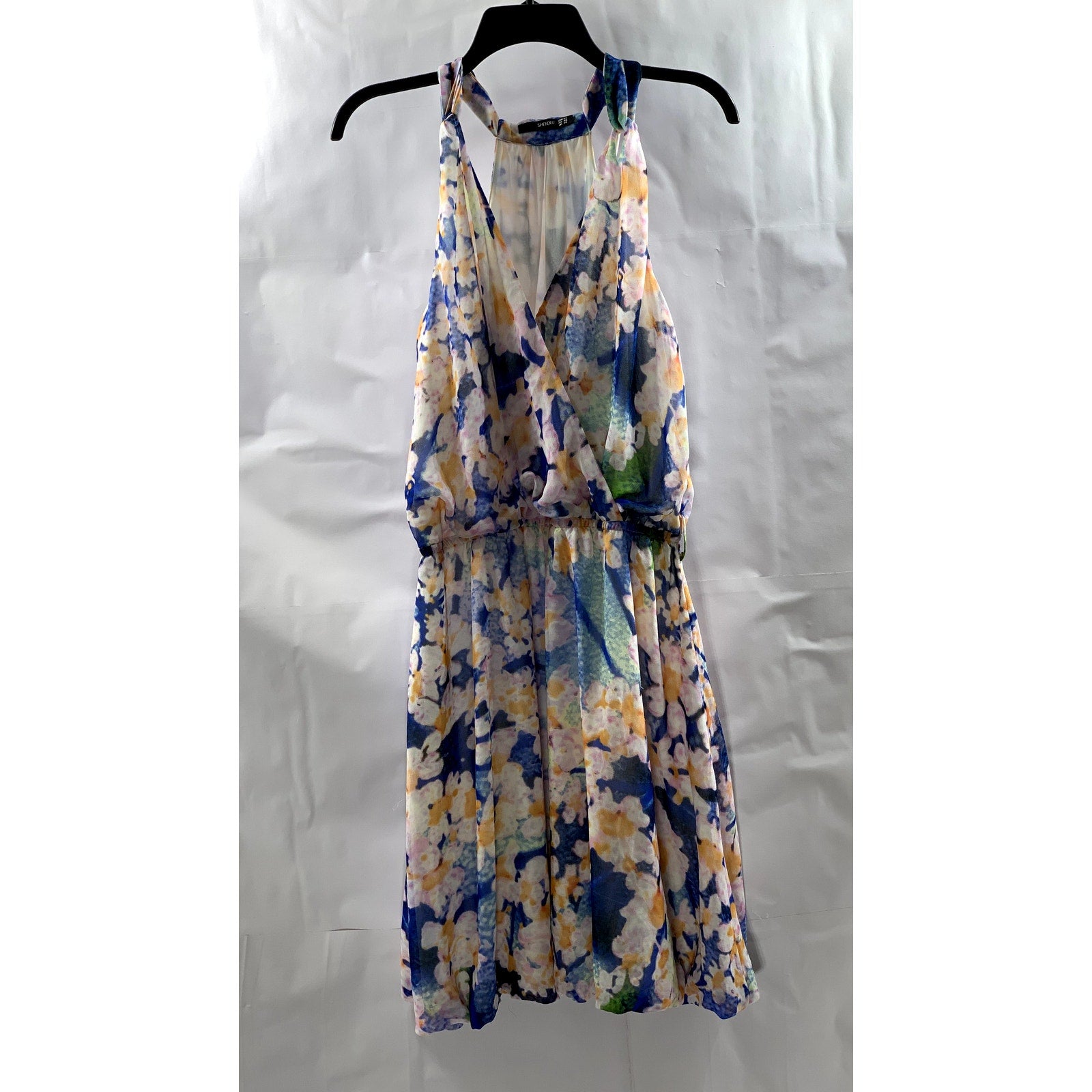 SHENDEL Women's Blue-Orange Floral Surplice Sleeveless Knee Length Dress SZ US10