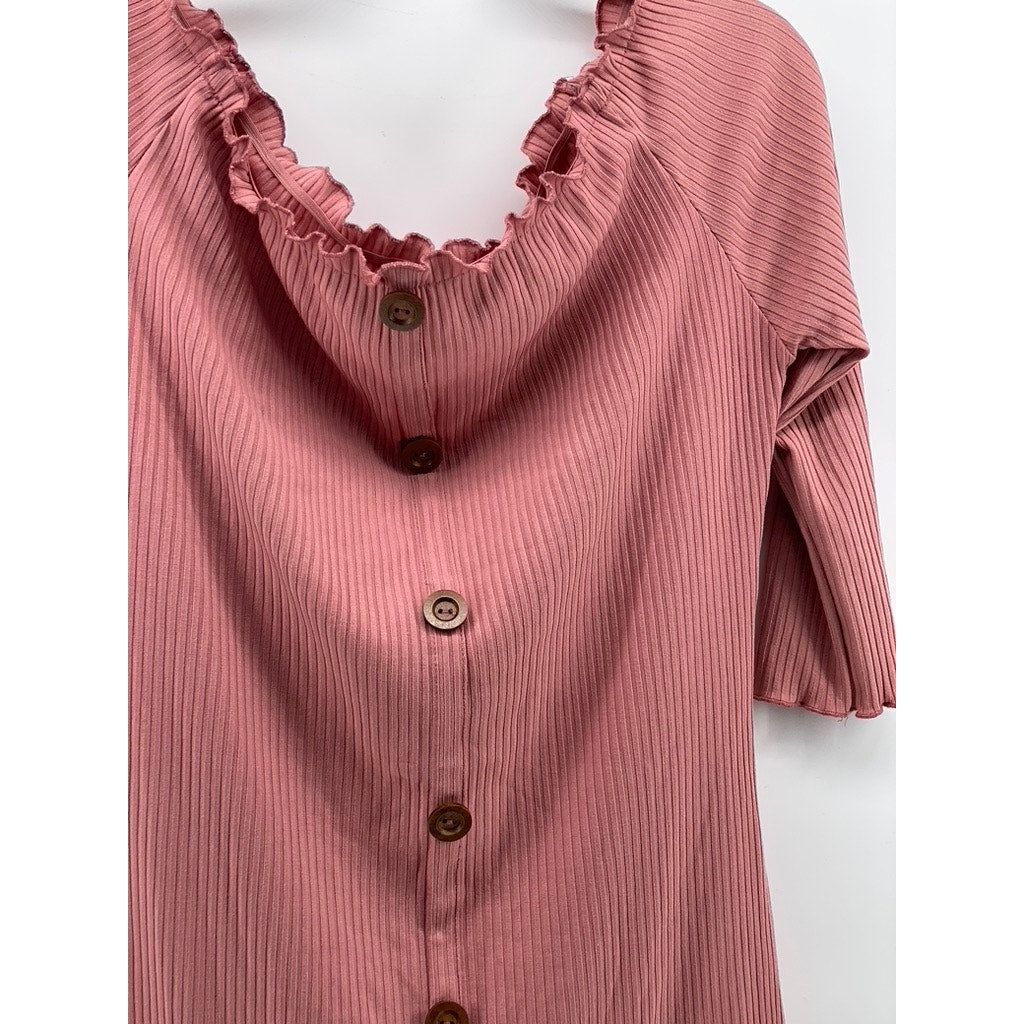 LOVE J Women's Plus Size Pink Ribbed Short Sleeve Bodycon Mini Dress SZ 1X